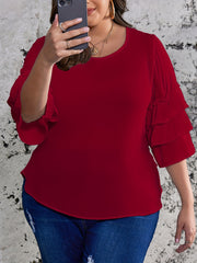 Plus Size Womens Chic Solid Top - Flattering Layered Style with Trendy Half Bell Sleeves, Round Neck, and Smooth Hem