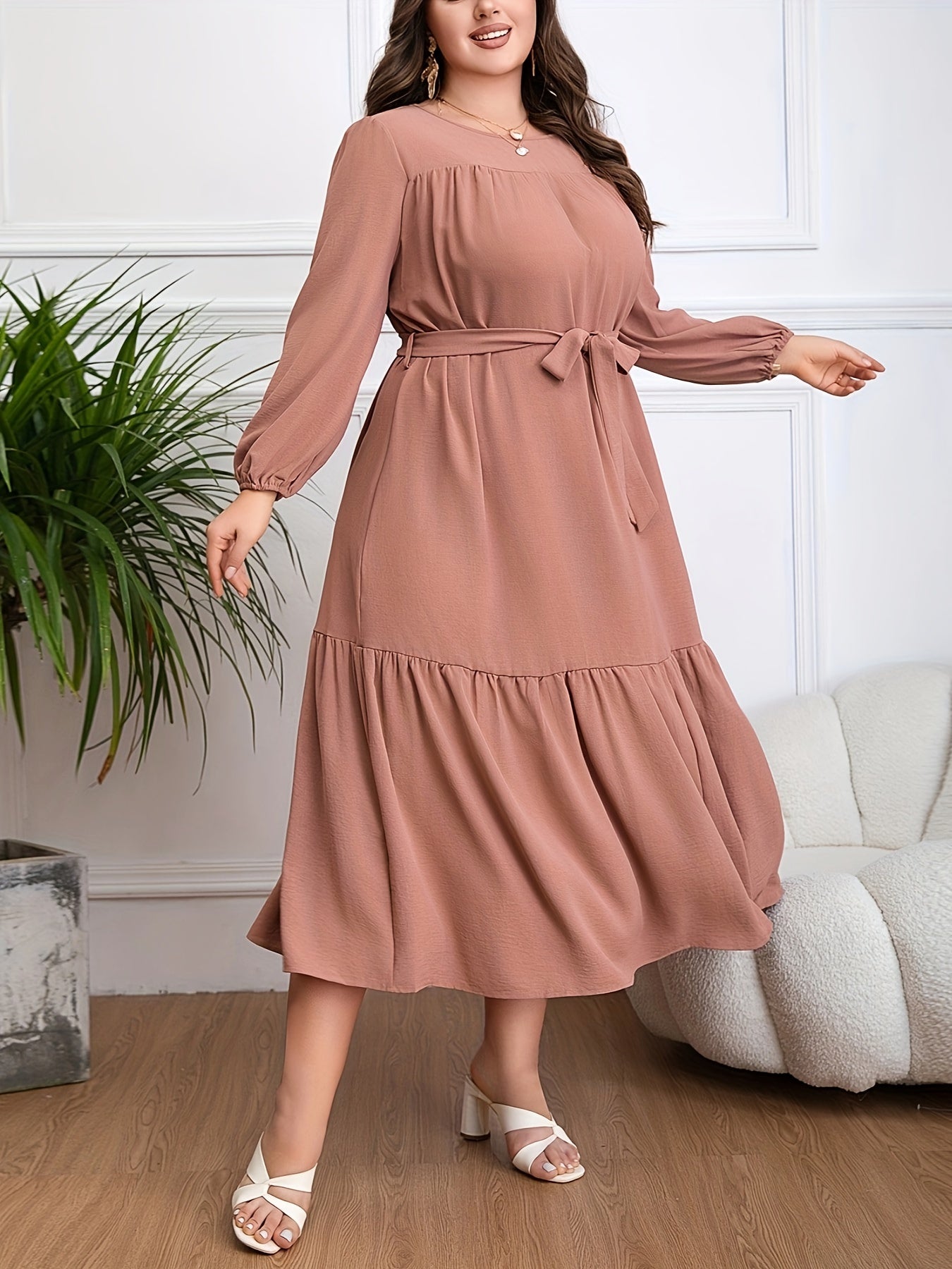 Plus Size Flattering Tie Waist Dress with Ruffle Hem - Long Sleeve Casual Style for Spring & Fall - Perfect Womens Plus Size Clothing Choice for Ramadan