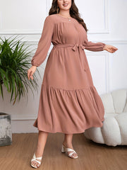 Plus Size Flattering Tie Waist Dress with Ruffle Hem - Long Sleeve Casual Style for Spring & Fall - Perfect Womens Plus Size Clothing Choice for Ramadan