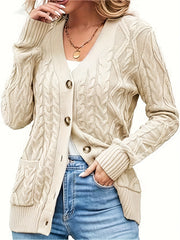 Cable Knit Single Breasted Cardigan, Casual Long Sleeve Pockets Cardigan For Spring & Fall, Women's Clothing