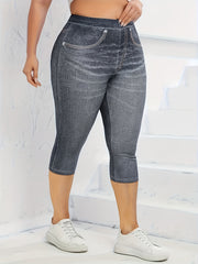 Plus Size Faux Denim Capri Leggings, Casual High Waist Stretchy Leggings For Spring & Summer, Women's Plus Size Clothing