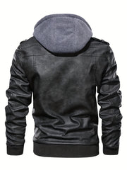 Mens Fashionable Hooded Jacket - Faux Leather, Utility Pockets, Versatile for All Seasons