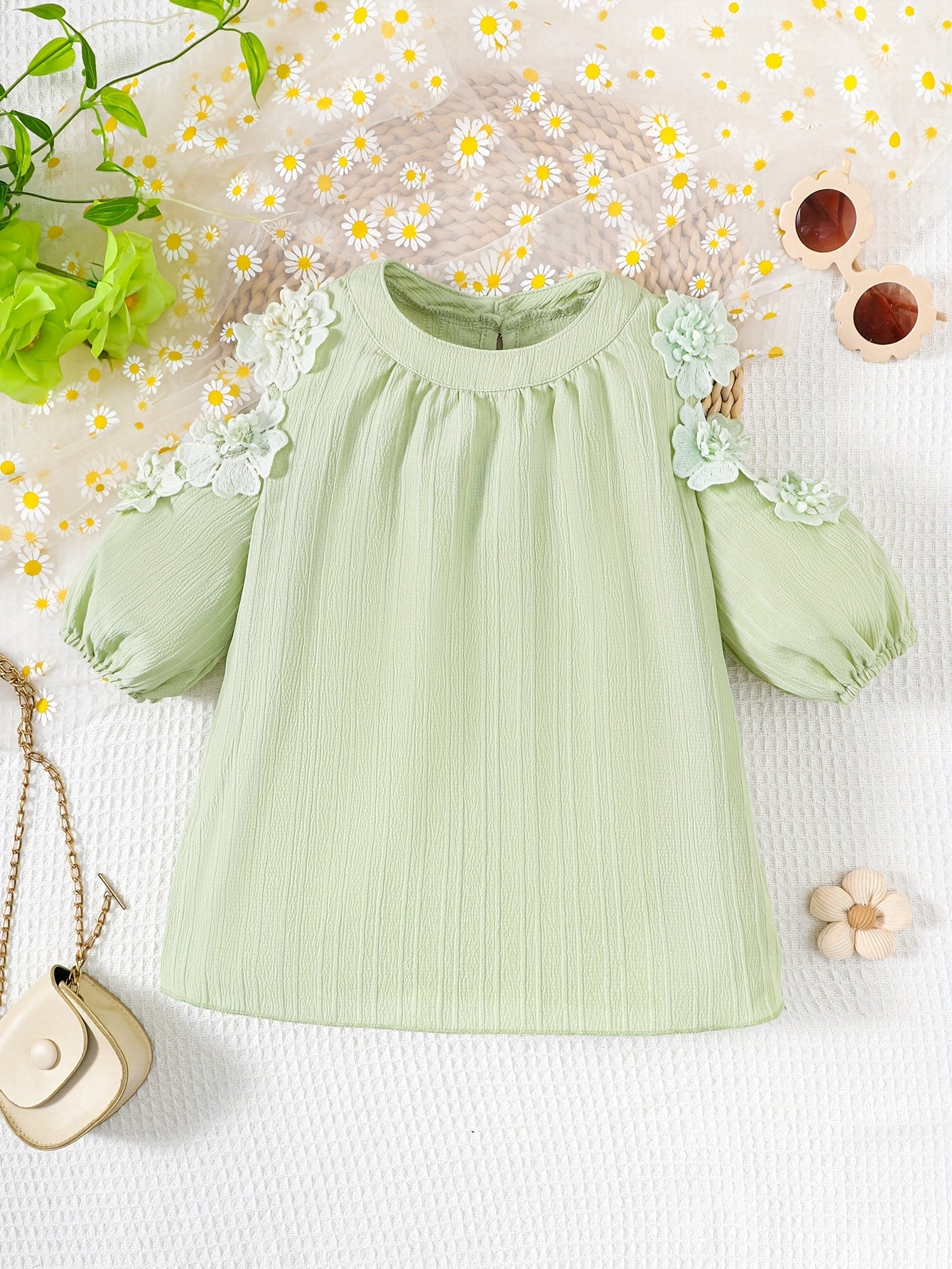 Thin Breathable Flower Decor Crew Neck Cold Shoulder Long Sleeve Dress For Girls Summer Party Gift