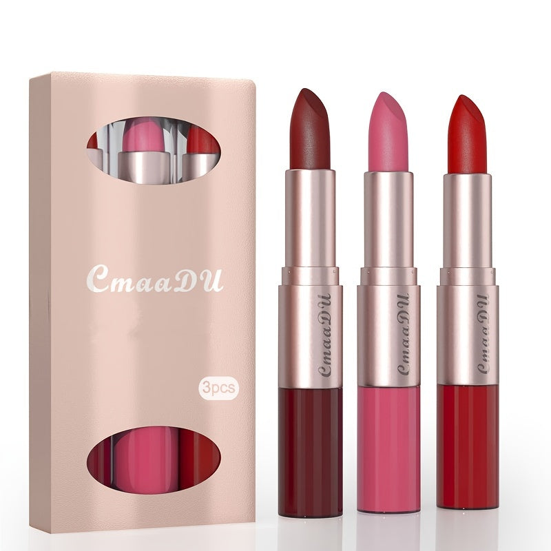 Long-Lasting 3-Color Lipstick & Lip Gloss Set - Double Headed Design for Natural, Lustrous Texture - Perfect Valentine's Day Gift for Women Valentine's Day Gifts