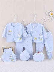 7pcs Newborn Outfits Gifts, Cute Graphic Baby Boys Girls Cotton Comfy Clothes Set - Footed Pants Cardigan Top Trousers Hat Bib Set