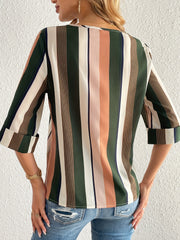 Striped Print 3/4 Sleeve Blouse, Casual Crew Neck Versatile Blouse, Women's Clothing