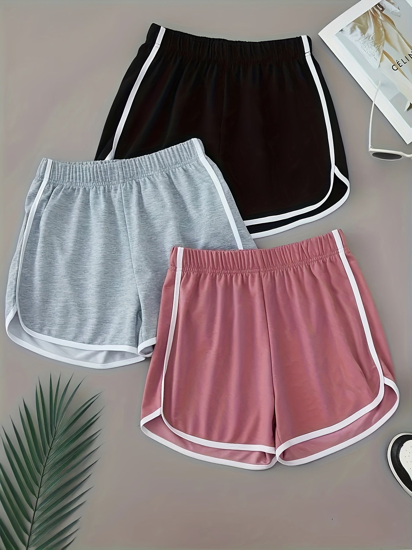 Contrast Trim Shorts 3 Packs, Casual Elastic Waist Shorts For Summer, Women's Clothing