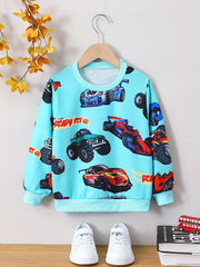 Cartoon Car Print Boys Casual Creative Pullover Sweatshirt, Long Sleeve Crew Neck Tops, Kids Clothing Outdoor