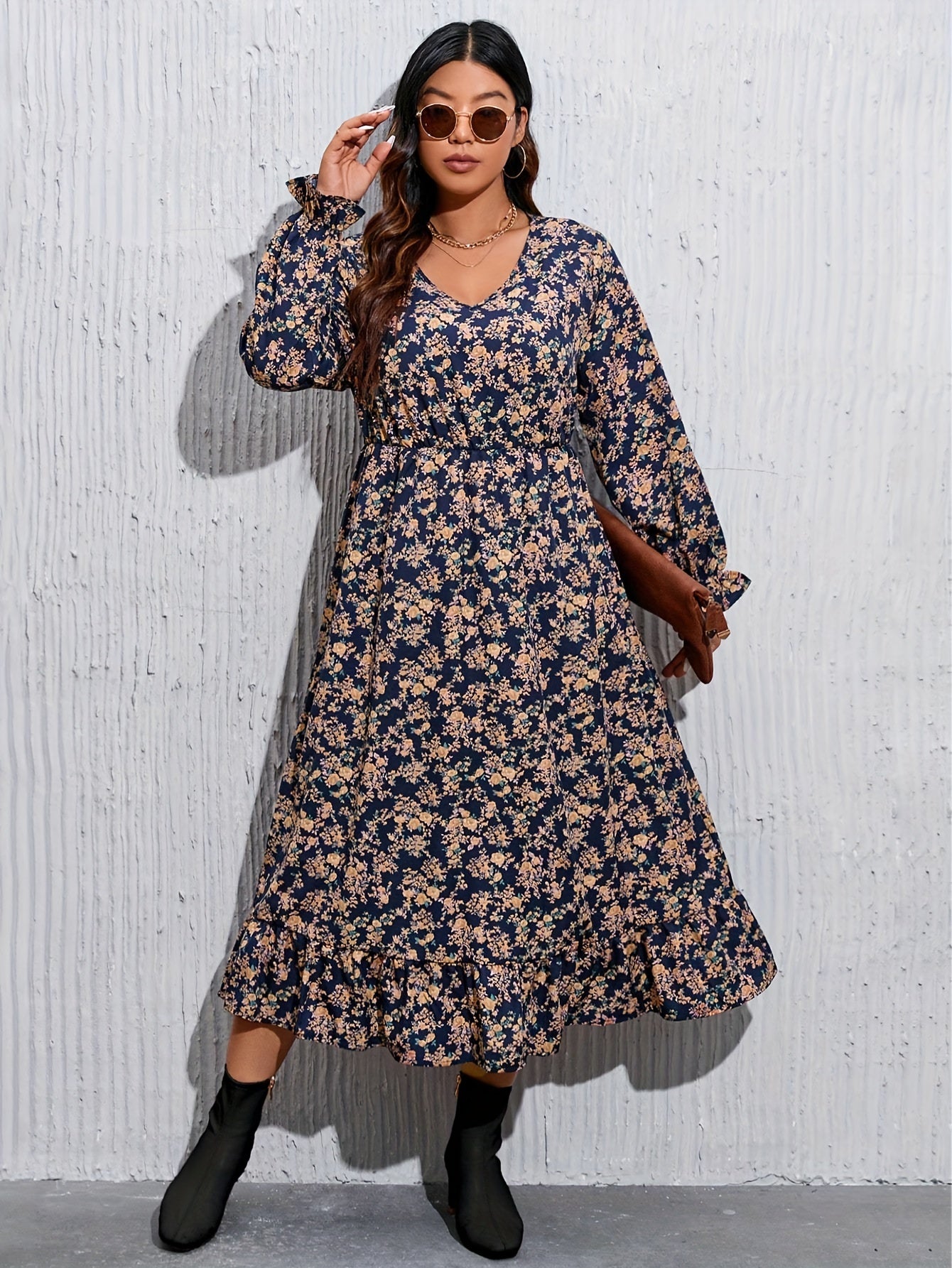 Plus Size Floral Print Cinched Waist Dress, Vacation Style Ruffle Hem Long Sleeve V Neck Midi Dress For Spring & Fall, Women's Plus Size Clothing