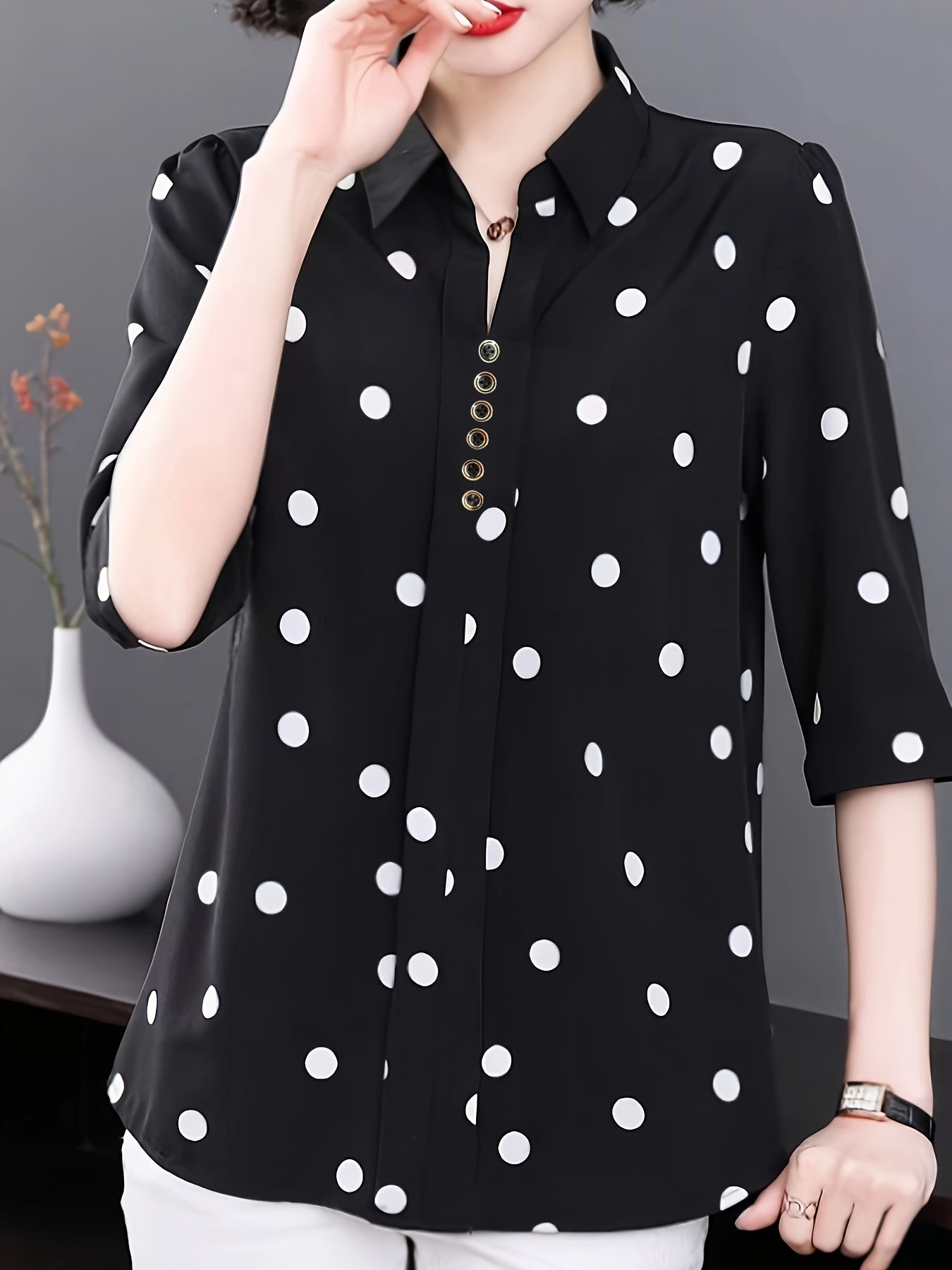 Polka Dot Print Lapel Blouse, Casual Half Sleeve Top For Spring & Summer, Women's Clothing