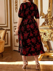 Plus Size Floral Print Cinched Waist Dress, Elegant Crew Neck Short Sleeve Dress, Women's Plus Size Clothing