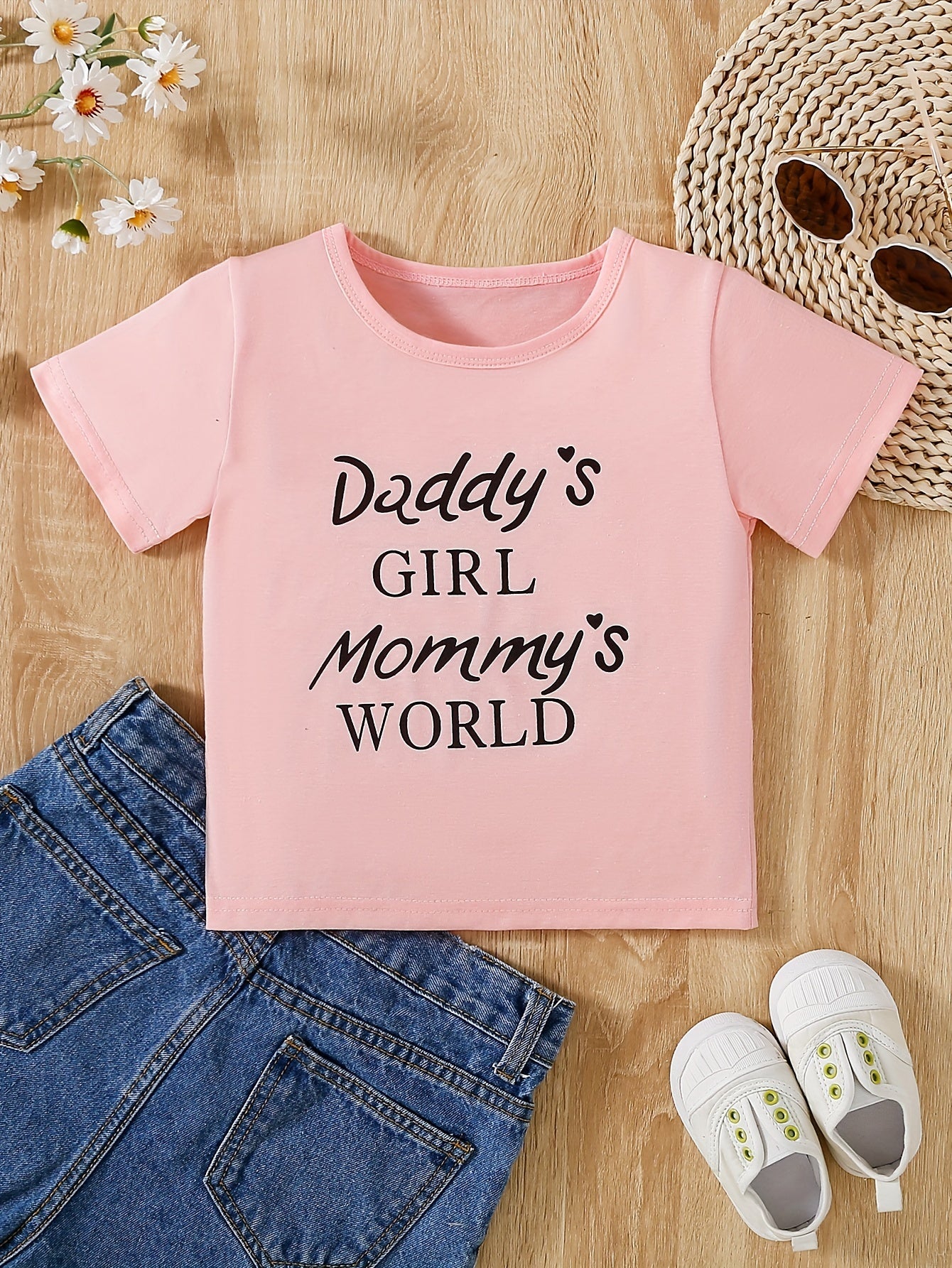 DADDY'S GIRL MOMMY'S WORLD Print Crew Neck Short Sleeve T-shirt For Girls Summer Gift