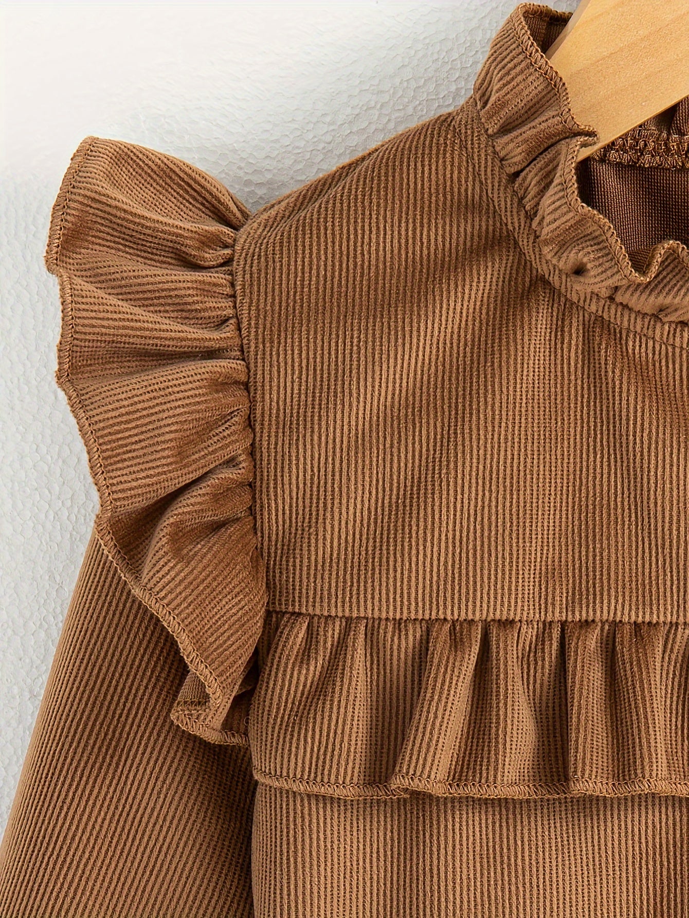 Girls Casual & Trendy Long Sleeve Ruffle Trim Button Up Ribbed Blouse Top For Spring & Fall