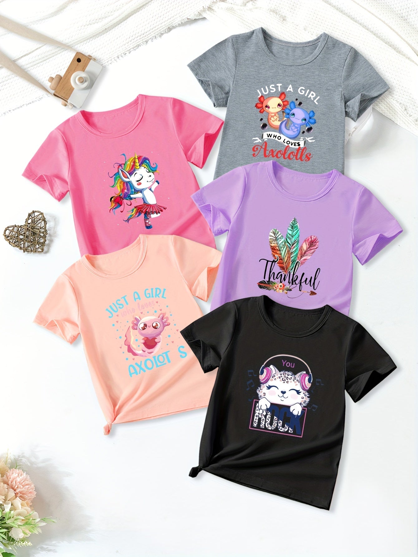 5pcs/set Girls Ultra-Soft Graphic Tees with Unicorn/Cat/Axolotl Prints - Casual & Comfy Crew Neck Short Sleeve Shirts for Spring & Summer Outdoor Adventures - Adorable Girls Clothing