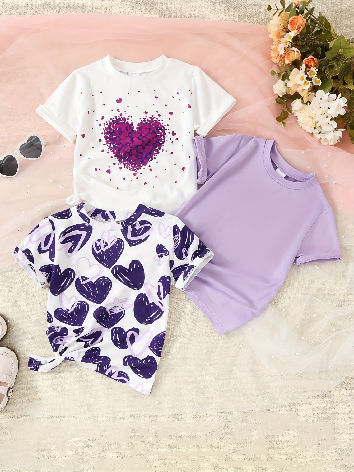 3pcs Adorable Girls Heart Print T-Shirt Set - Ultra-Sweet Short Sleeve Tees for Summer Fun, Perfect Valentines Day Party Outfit or Gift