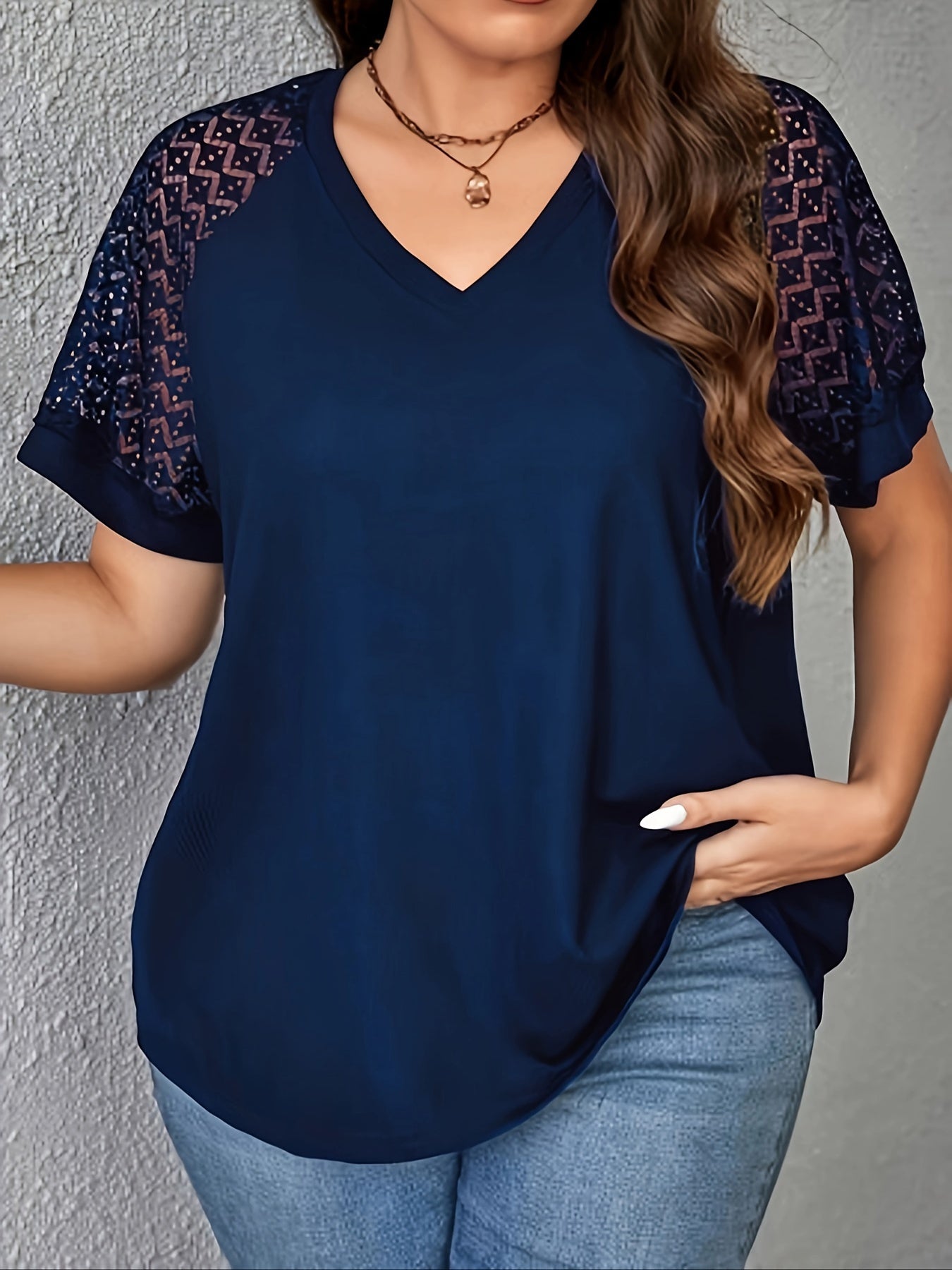 Plus Size Elegant V Neck Short Sleeve T-Shirt - Contrast Lace Stitching, Medium Stretch Polyester Fabric, Solid Color, No Printing - Perfect for Spring/Summer Casual Wear