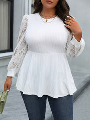 Plus Size Floral Lace Stitching T-Shirt, Casual Crew Neck Long Sleeve T-Shirt, Women's Plus Size Clothing