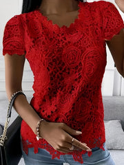 Solid Lace Short Sleeve Top, Versatile Blouse For Spring & Summer, Women's Clothing