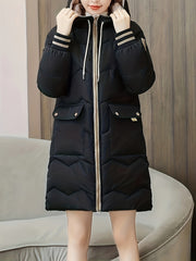 Warm & Stylish Women's Color Block Hooded Coat - Casual Midi Outerwear with Easy Machine Wash Care