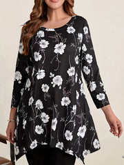 Plus Size Floral Print Asymmetrical Hem T-shirt, Elegant Long Sleeve Crew Neck Top For Spring & Fall, Women's Plus Size Clothing