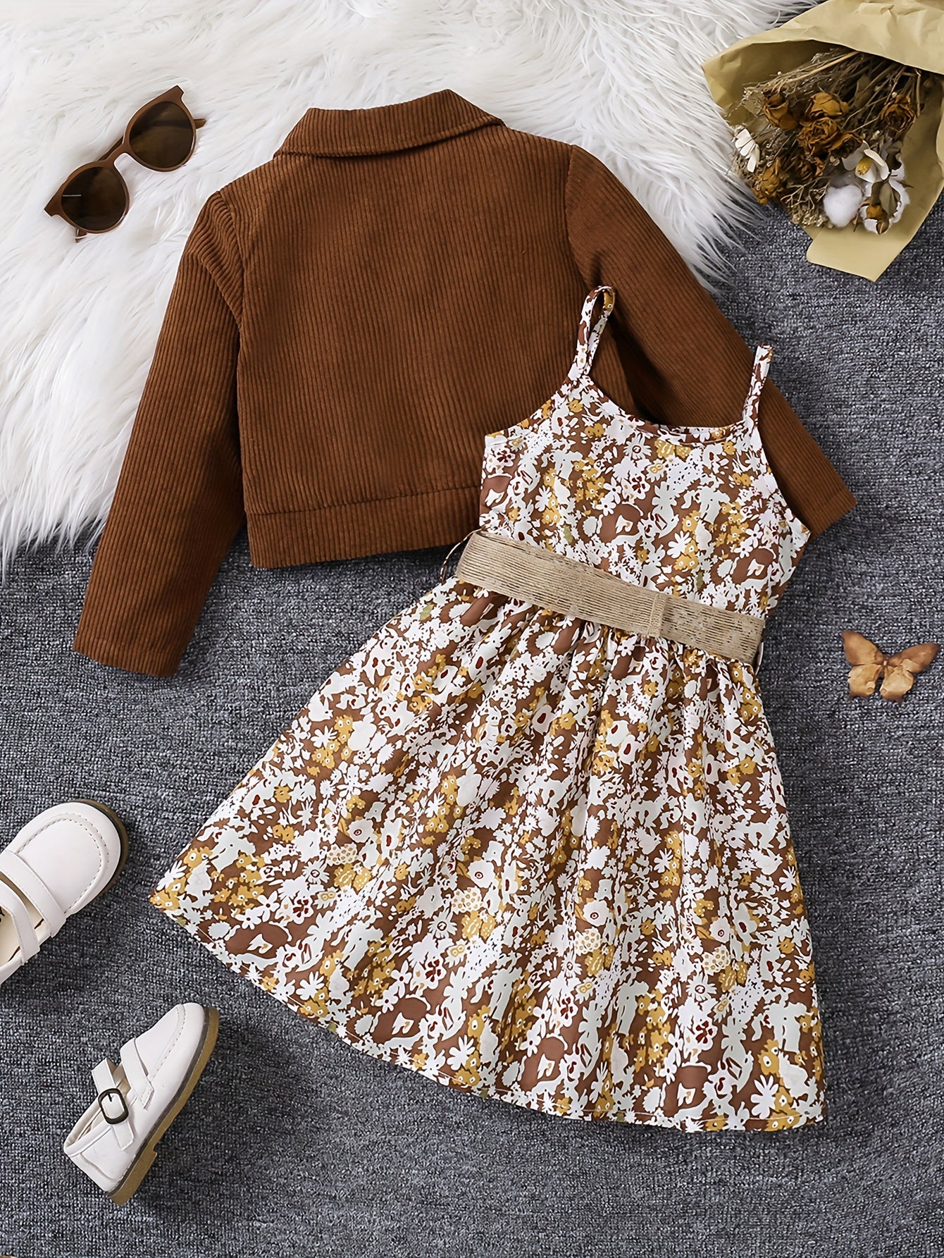 Vintage Floral Set Girls Outfit, Lady Style A-line Cami Dress + Corduroy Cardigan Jacket Two-piece Set For Spring/Fall