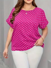 Plus Size Polka Dot Print T-shirt, Elegant Short Sleeve Crew Neck Top For Spring & Summer, Women's Plus Size Clothing