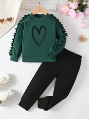 Girls 2Pcs, Chic Frilled Long Sleeve Heart Graphic Pullover Top + Pants Casual Set, Cute Girls Spring Fall Clothes