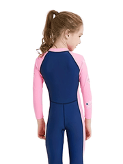 Girl's Zip Up One-piece Swimsuit, Color Clash Long Sleeve Surfing Suit, Kid's Swimwear For Summer Beach Vacation