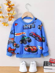 Cartoon Car Print Boys Casual Creative Pullover Sweatshirt, Long Sleeve Crew Neck Tops, Kids Clothing Outdoor