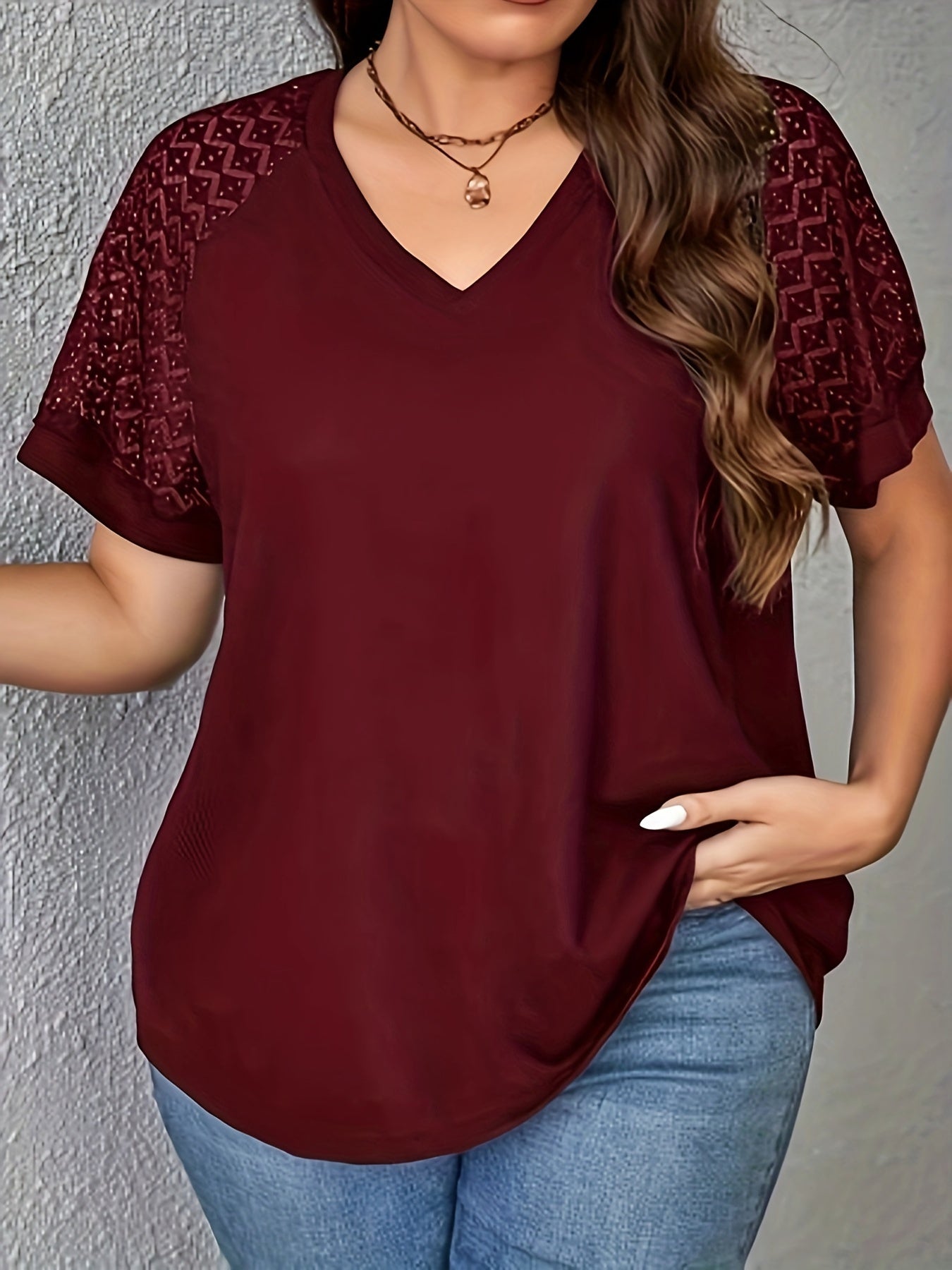 Plus Size Elegant V Neck Short Sleeve T-Shirt - Contrast Lace Stitching, Medium Stretch Polyester Fabric, Solid Color, No Printing - Perfect for Spring/Summer Casual Wear