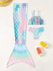 3pc Mermaid Swimsuit Set for Girls - Shimmering Scale Pattern, Includes Tail & Bikini - Perfect for Pool Parties, Cosplay & Beach Fun