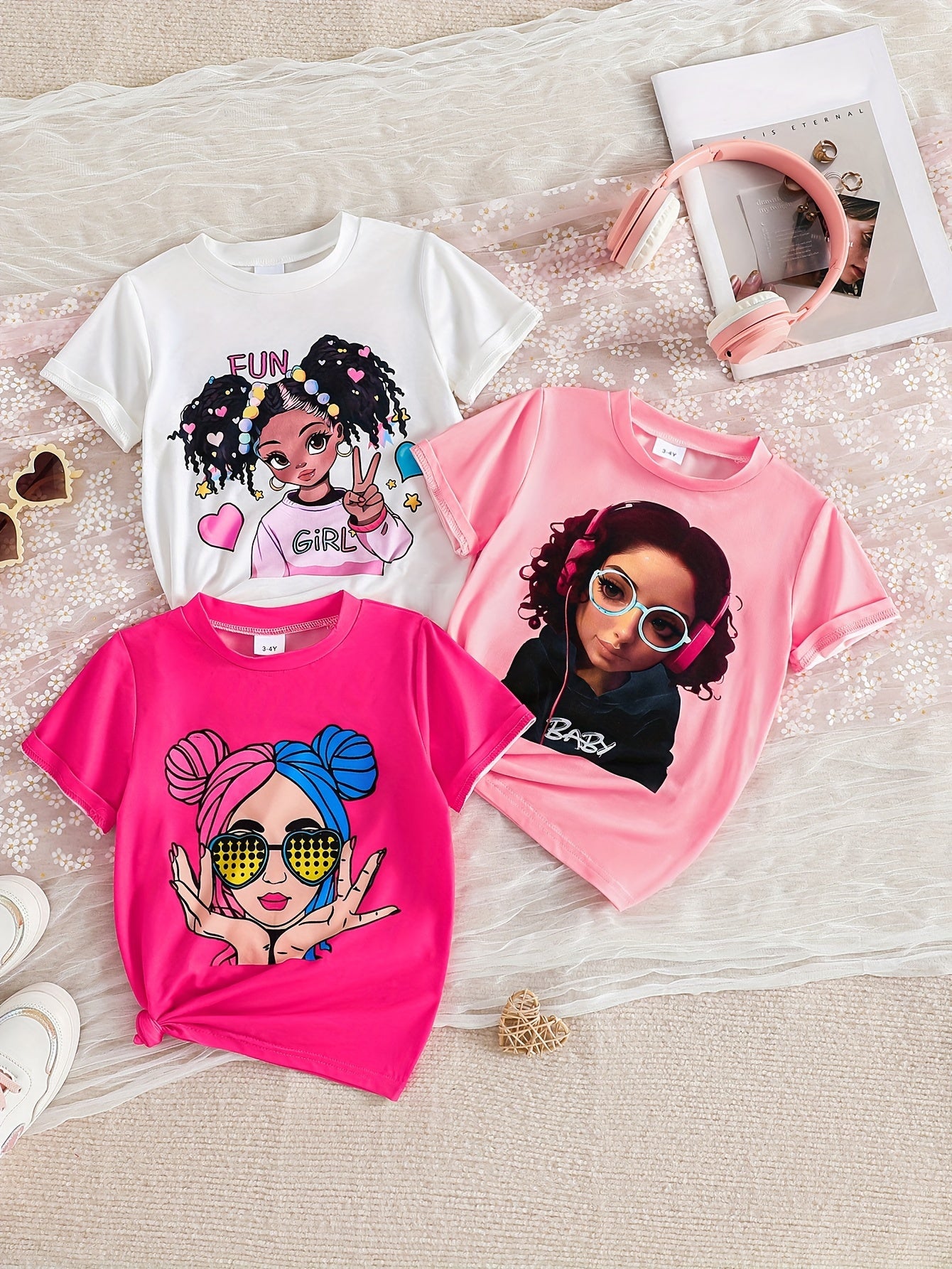 3pcs Adorable Girls Heart Print T-Shirt Set - Ultra-Sweet Short Sleeve Tees for Summer Fun, Perfect Valentines Day Party Outfit or Gift