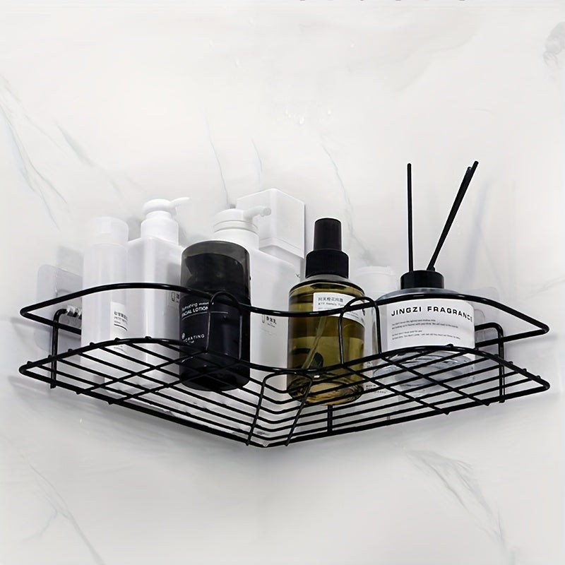 Iron Corner Bathroom Shelf, No-Drill Wall-Mounted Triangle Storage Organizer for Bathroom, Kitchen, Bedroom - Hanging Jewelry Organizer with Hollow Details