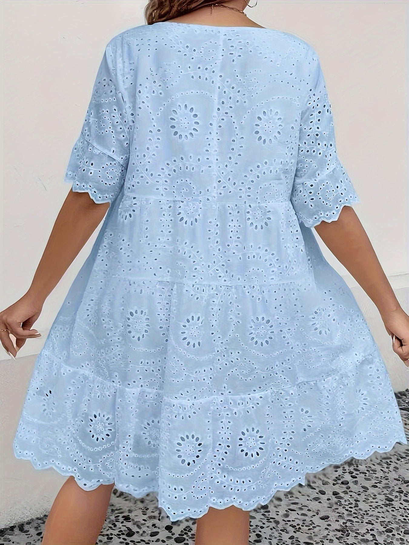 Plus Size Eyelet Embroidery Solid Dress, Elegant Scallop Trim Cut Out Short Sleeve Crew Neck Dress, Women's Plus Size Clothing