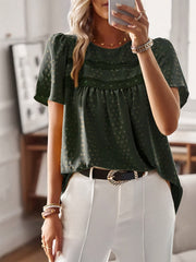 Lace Splicing Crew Neck Blouse, Casual Short Sleeve Top For Spring & Summer, Women's Clothing