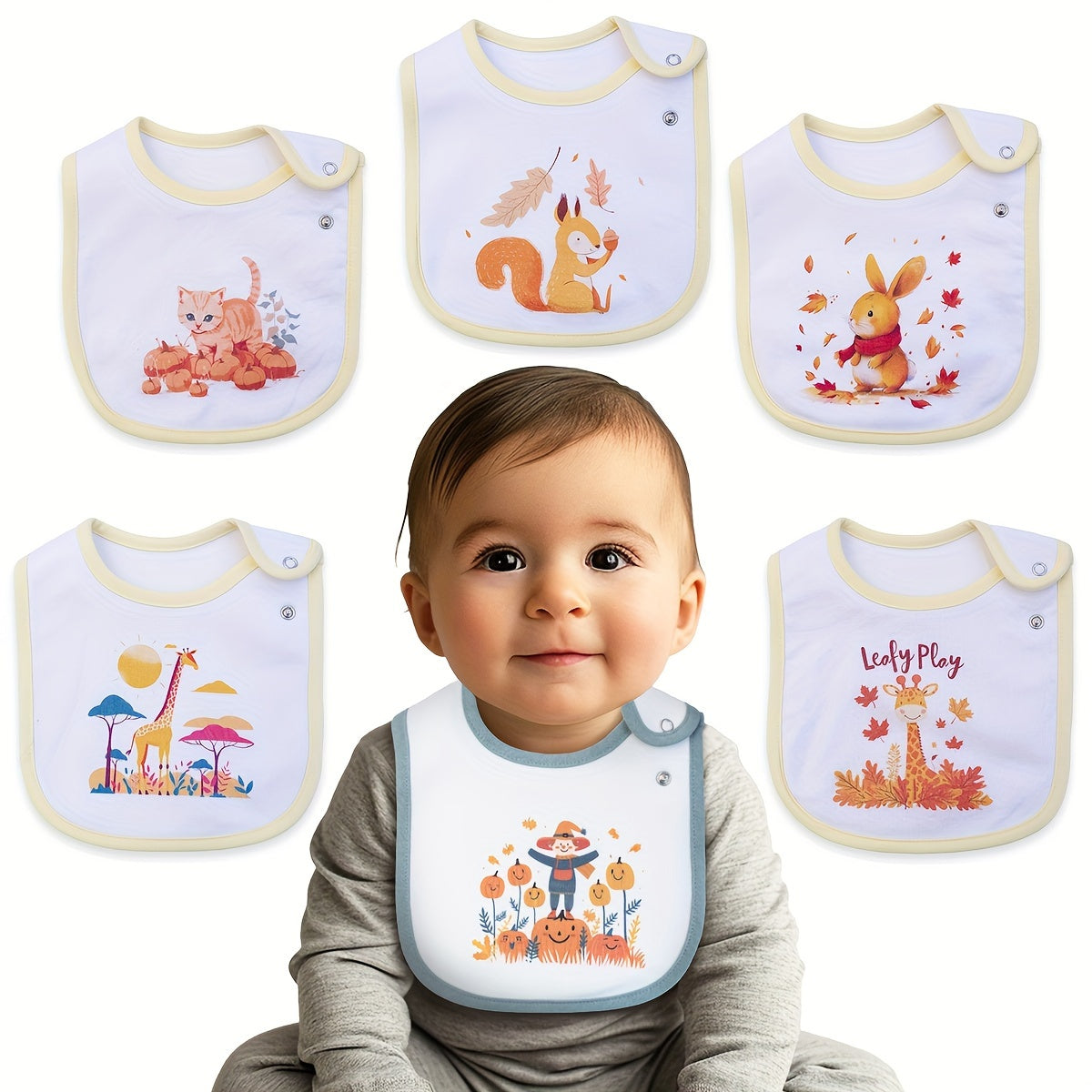 6pcs Cartoon Seasonal Printed Bibs, Adjustable With Buttons, Waterproof Bibs For Feeding