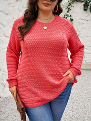 Plus Size Textured Solid Knitted Top, Casual Crew Neck Long Sleeve Top For Spring & Fall, Women's Plus Size Clothing