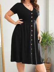 Plus Size Solid Button Front Swing Dress, Casual Short Sleeve V Neck Knee Length Dress For Spring & Summer, Women's Plus Size Clothing