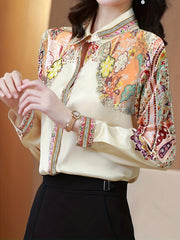 Floral Print Flat Collar Shirt, Vintage Long Sleeve Button Up Shirt For Spring & Fall, Women's Clothing