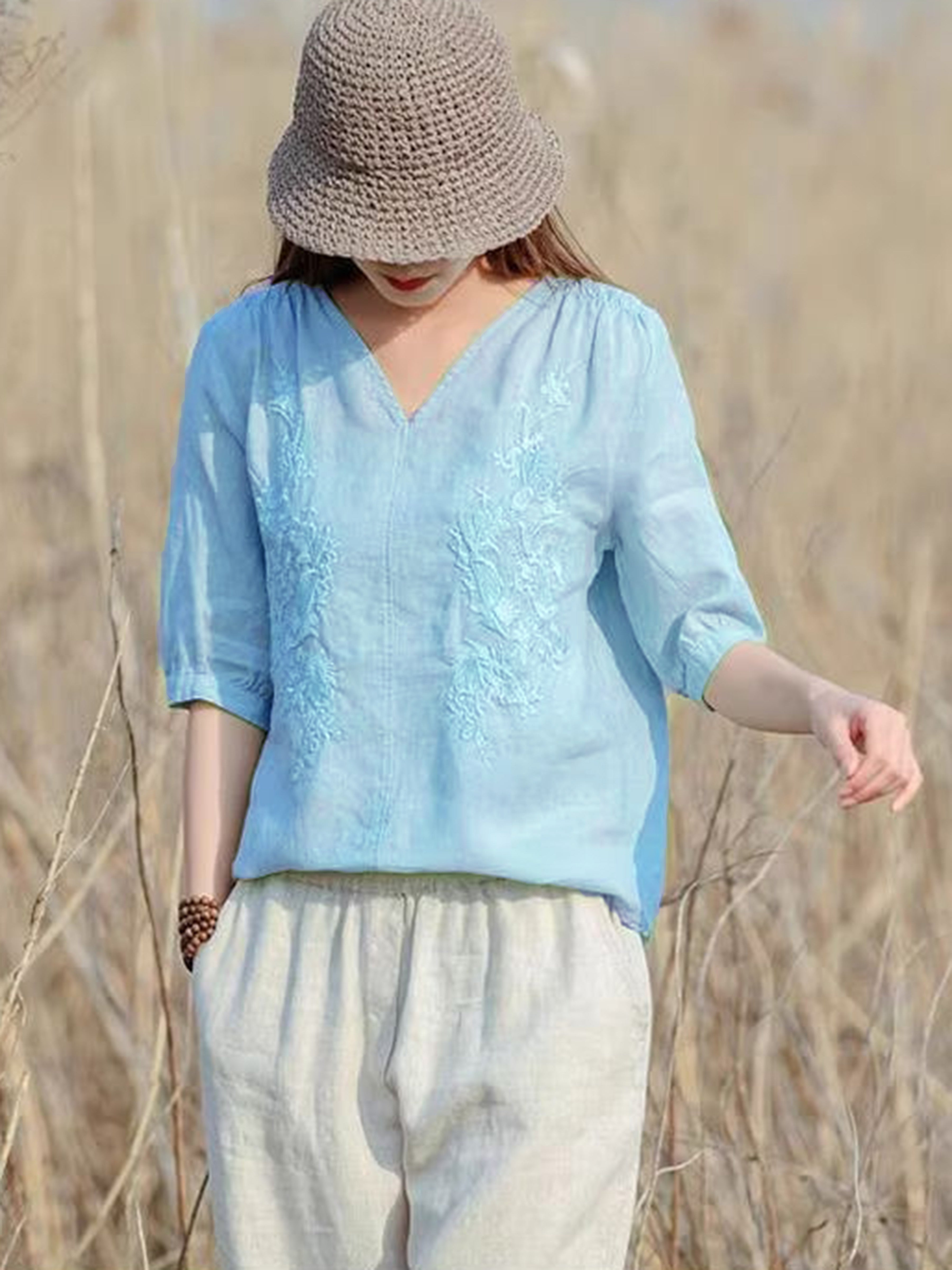 Embroidered Solid Blouse, Elegant V Neck Half Sleeve Blouse, Women's Clothing