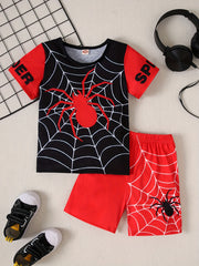 Boys 2-Piece Casual Outfit Set, Cool Spider Web Print Versatile Short Sleeve Tee With Shorts, Comfy Summer Clothes