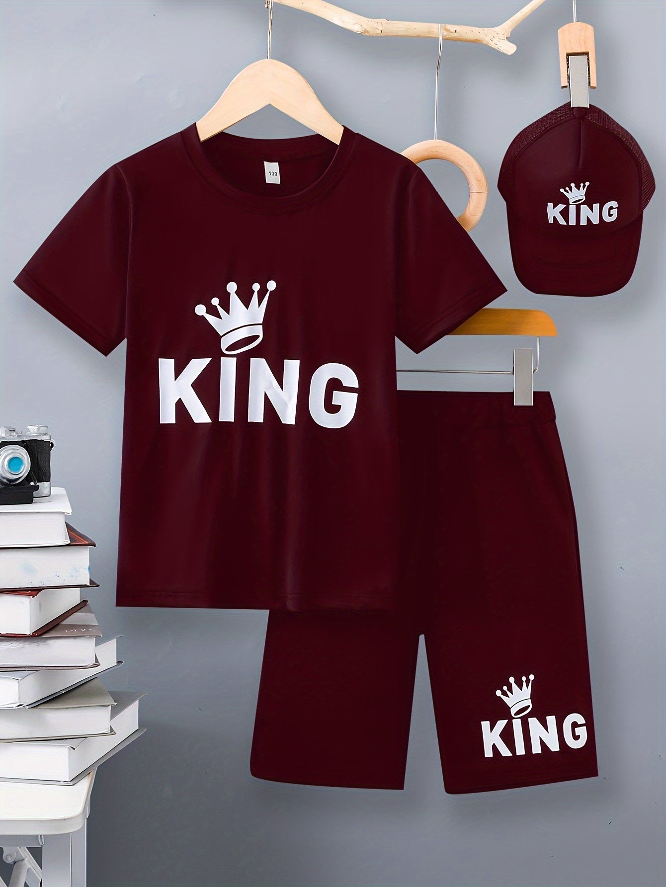 3-Piece Boys Casual Summer Outfit Set, KING Letter Print Versatile Short Sleeve Tee & Cap & Shorts, Comfy Boys Clothes