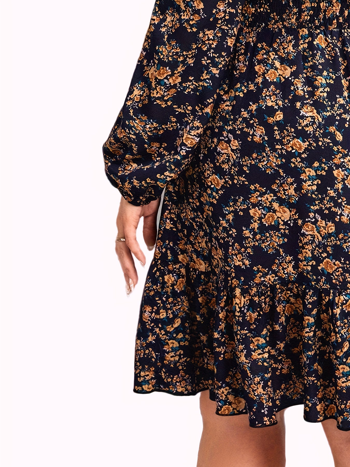 Plus Size Floral Print Dress, Elegant Long Sleeve Crew Neck Dress For Spring & Summer, Women's Plus Size Clothing