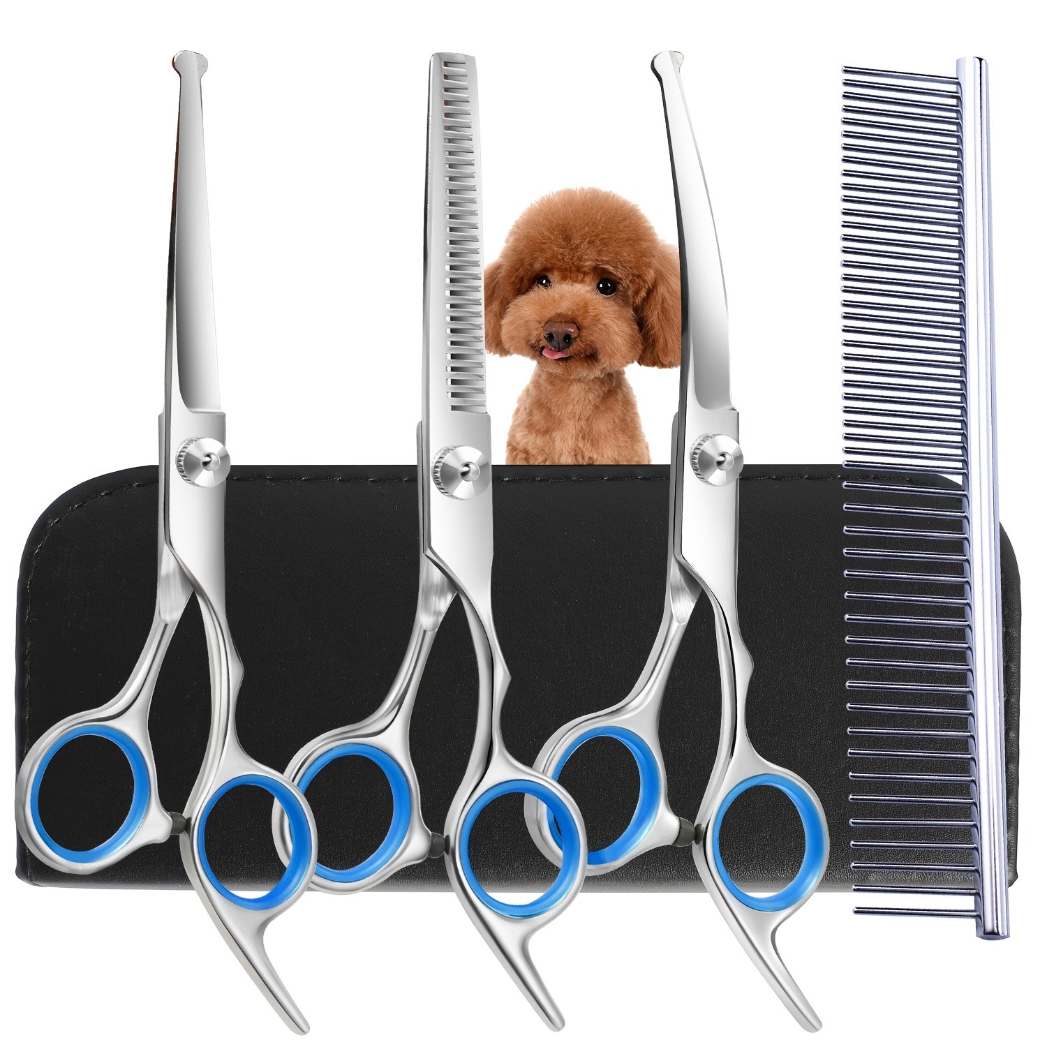 4pcs Professional Dog Grooming Scissors Set - High-Quality Stainless Steel, Safety Round Tips for Precise Trimming & Shaping - Down-Curved Thinning & Cutting Shears for Expert Grooming at Home