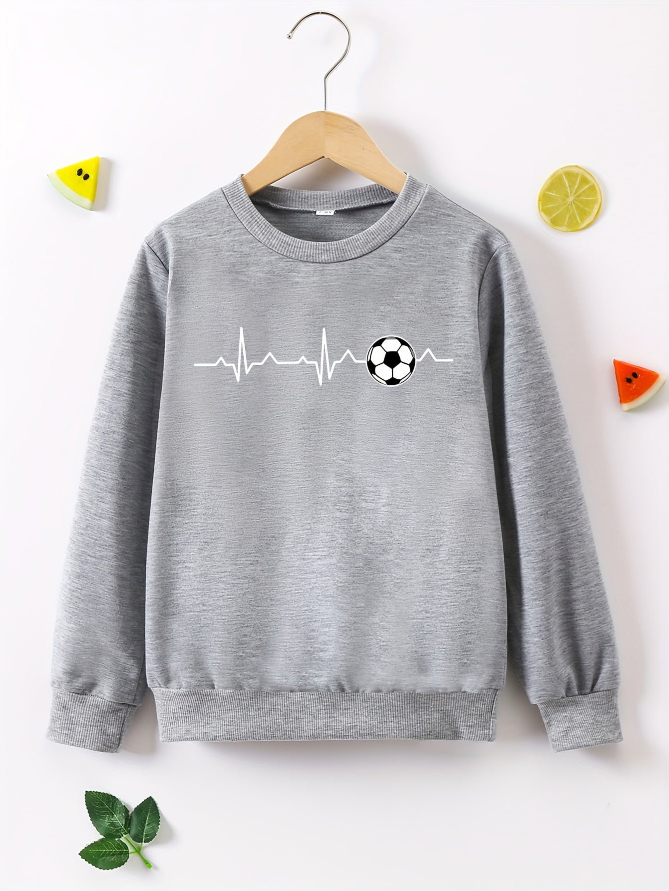 Curvy Line & Soccer Ball Graphic Print, Boys Stylish & Trendy Long Sleeve Sweatshirt For Fall & Winter, Boys Streetwear Clothing