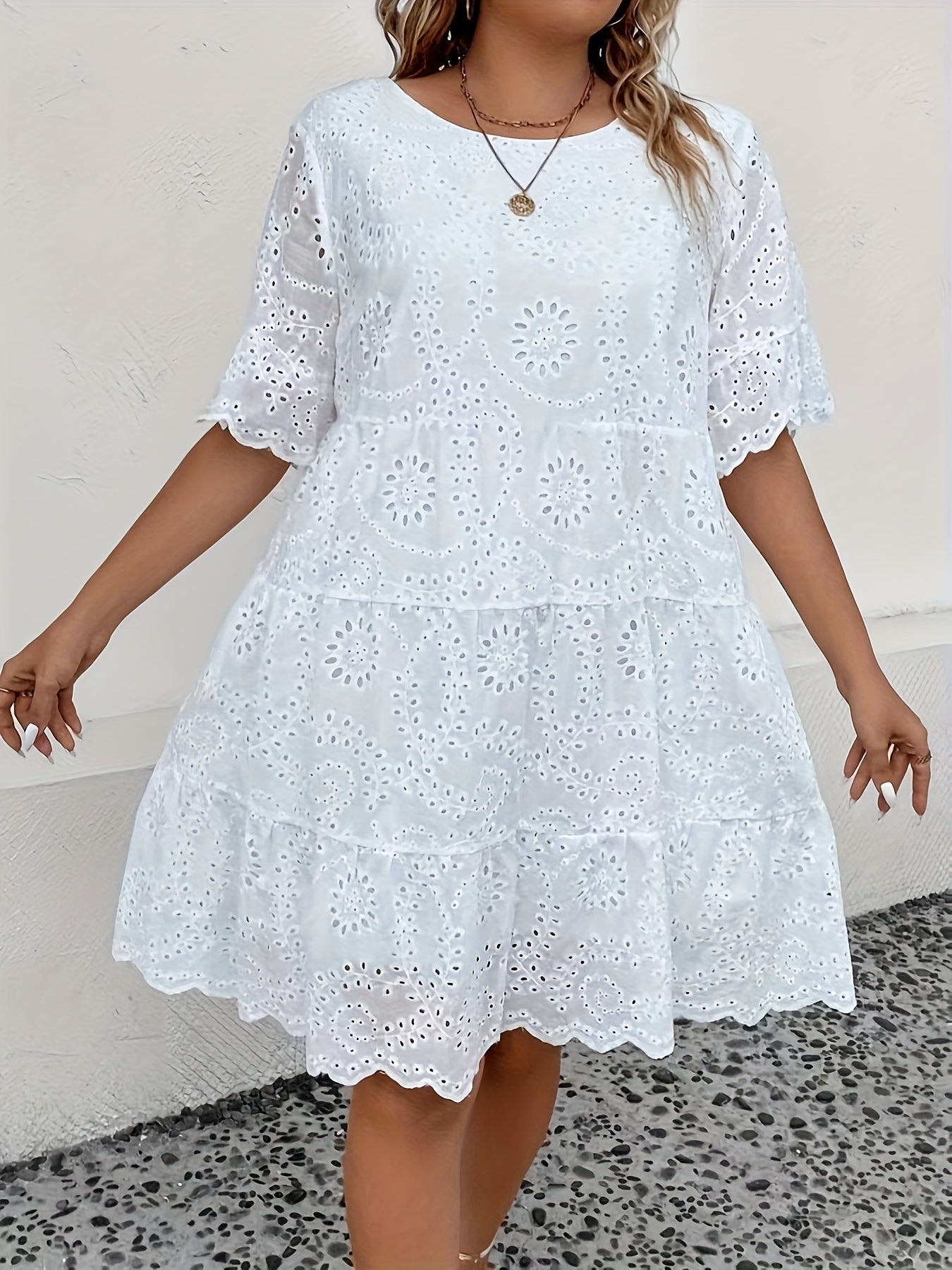 Plus Size Eyelet Embroidery Solid Dress, Elegant Scallop Trim Cut Out Short Sleeve Crew Neck Dress, Women's Plus Size Clothing