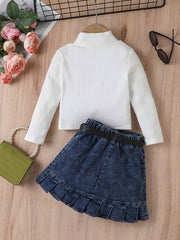 Girl's Trendy Outfit 2pcs, Mock Neck Ribbed Top & Belted Denim Skirt Set, Kid's Clothes For Spring Autumn