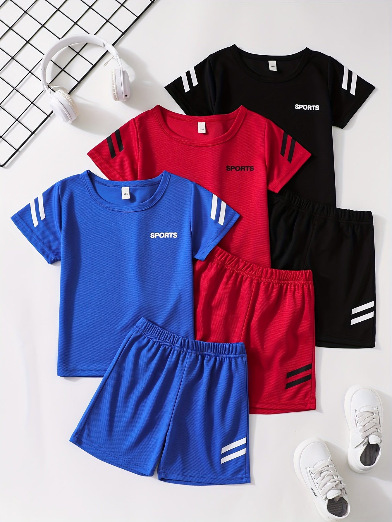 Boys 6-Piece Casual Athletic Outfit Set, Solid Color Versatile Short Sleeve Tee With Shorts, Comfy Summer Clothes