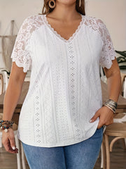 Plus Size Solid Eyelet Cutout Lace Stitching T-shirt, Elegant Short Sleeve V Neck Top For Spring & Summer, Women's Plus Size Clothing