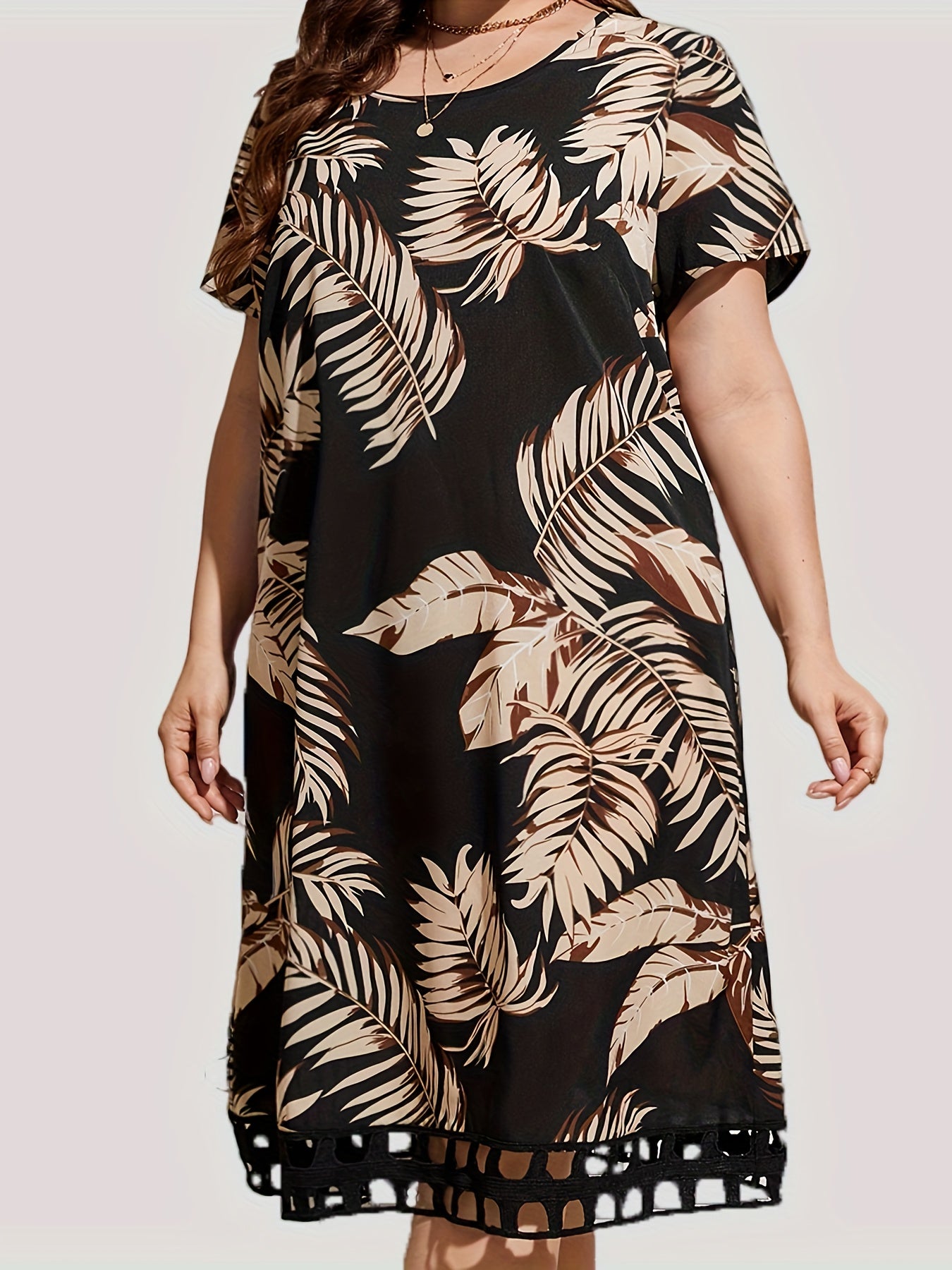 Plus Size Plant Print Cutout Trim Dress, Elegant Short Sleeve Dress For Spring & Summer, Women's Plus Size Clothing